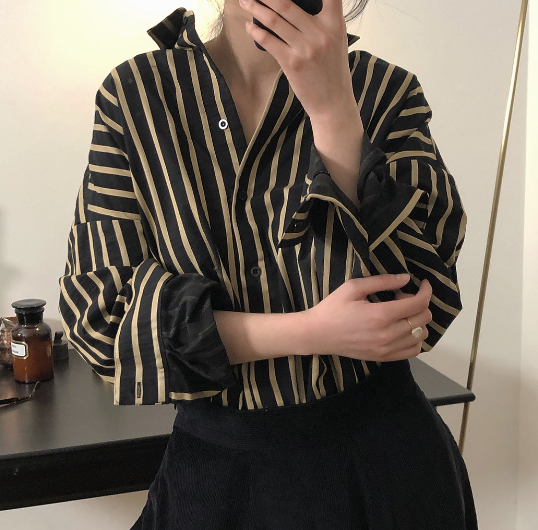 Women Striped Oversized Shirt Blouse with Drop Sleeves and Button Cuffs Amarae