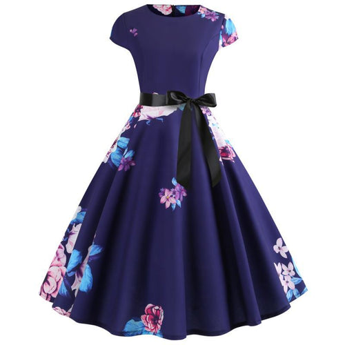 Robe midi à col rond pour femmes avec design floral et jupe évasée Chic & Stil