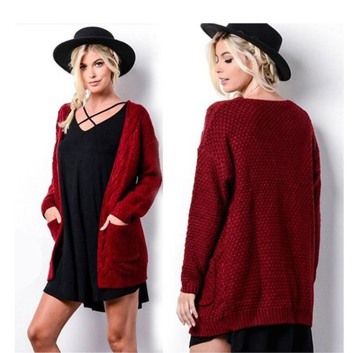 Ladies chunky cardigan with open front and practical pockets Lune London