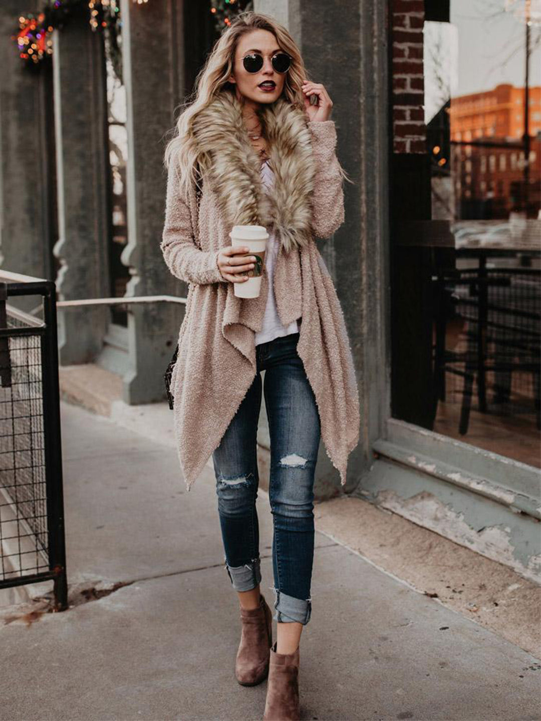 Ladies soft knit jacket with luxurious faux fur collar and asymmetrical cut Lune London