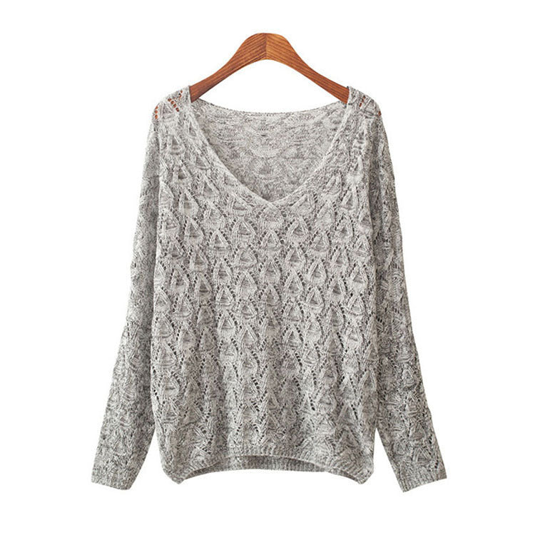 Casual knitted sweater for women with V-neck and airy mesh structure Lune London