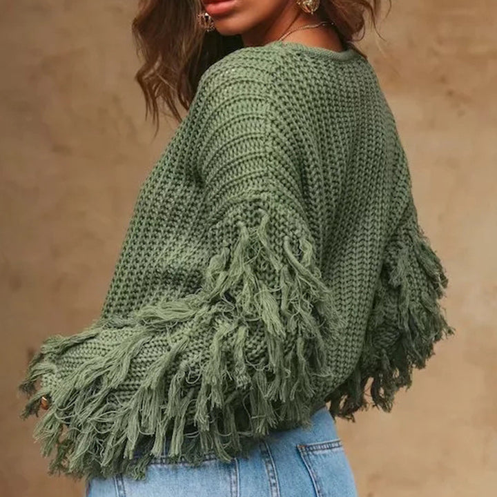 Chunky knit sweater for women with trendy fringe sleeves Lune London
