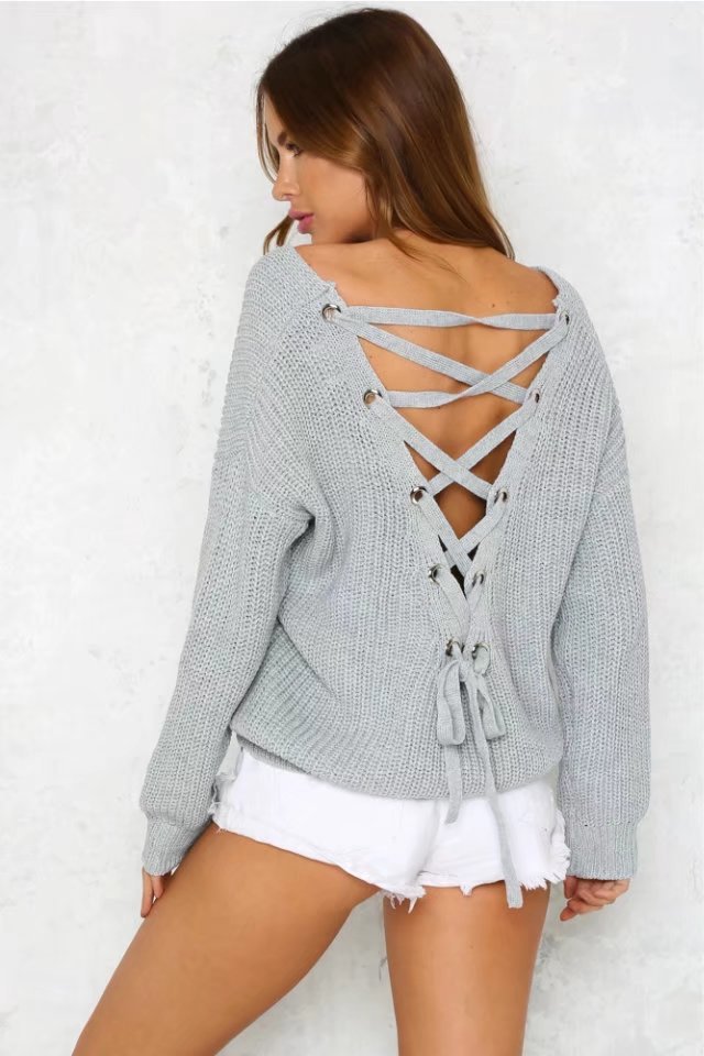 Casual knitted pullover for women with decorative cutout at the back and drawstring Lune London