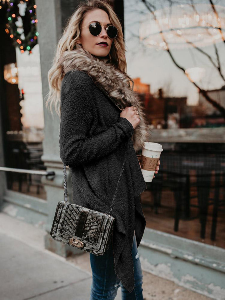 Women’s knit coat with cozy faux fur collar and asymmetrical cut Lune London