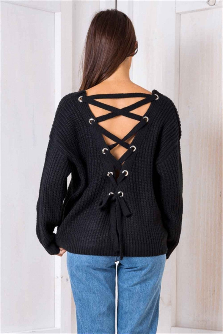 Knit sweater for women with embellished V-neck and drawstring Lune London