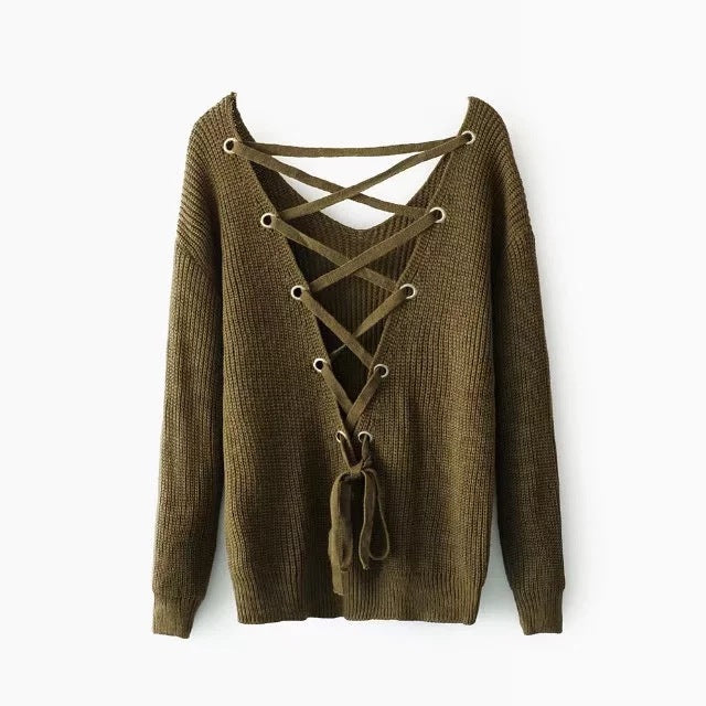 Knitted pullover for women with deep V-neck and decorative design at the back Lune London
