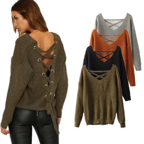 Knitted pullover for women with deep V-neck and decorative design at the back Amarae