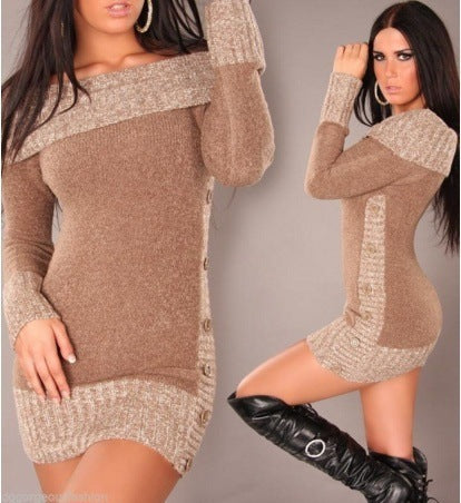 Ladies Elegant Knit Dress with Off-the-Shoulder Neckline and Button Details Lune London