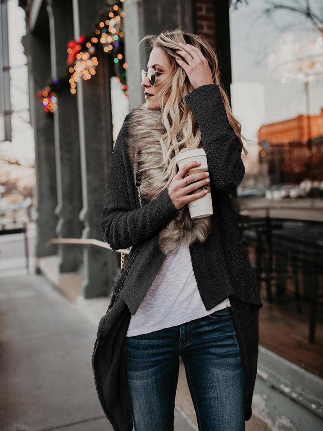 Ladies soft knit jacket with luxurious faux fur collar and asymmetrical cut Lune London