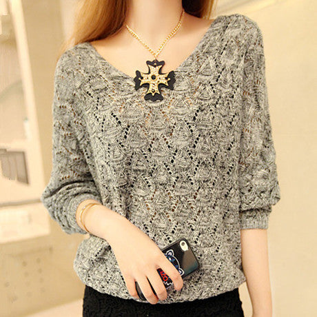 Knitted pullover for women with V-neck and airy hole structure Amarae