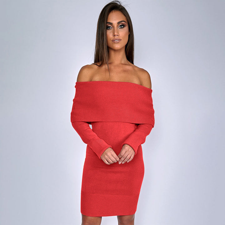 Knit dress for women with off-the-shoulder design and decorative cord Lune London
