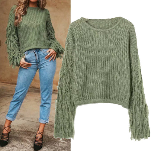 Trendy knitted sweater for women with original fringe sleeves Amarae