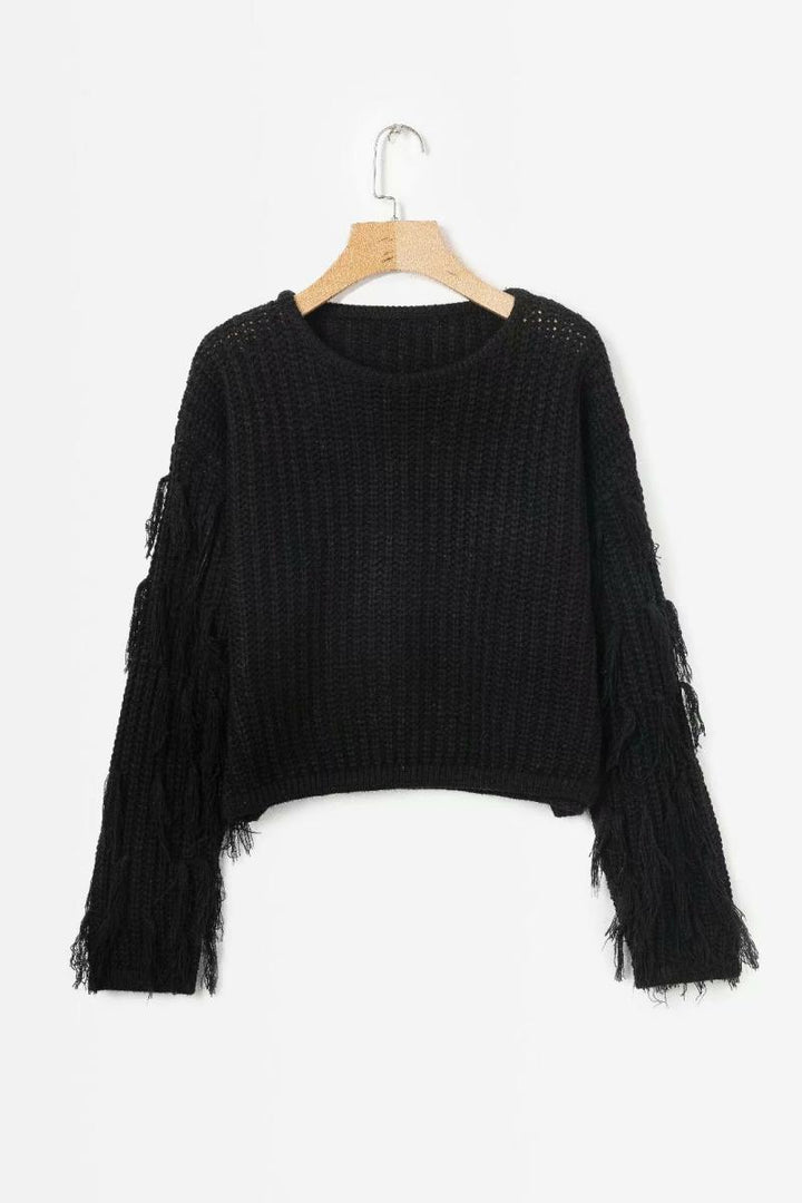 Trendy knitted sweater for women with original fringe sleeves Lune London
