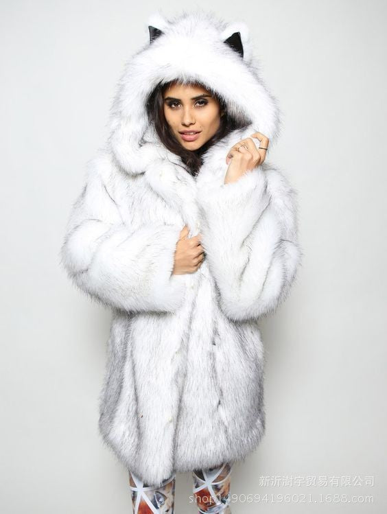 Ladies Cozy Faux Fur Coat with Hood and Ears Lune London