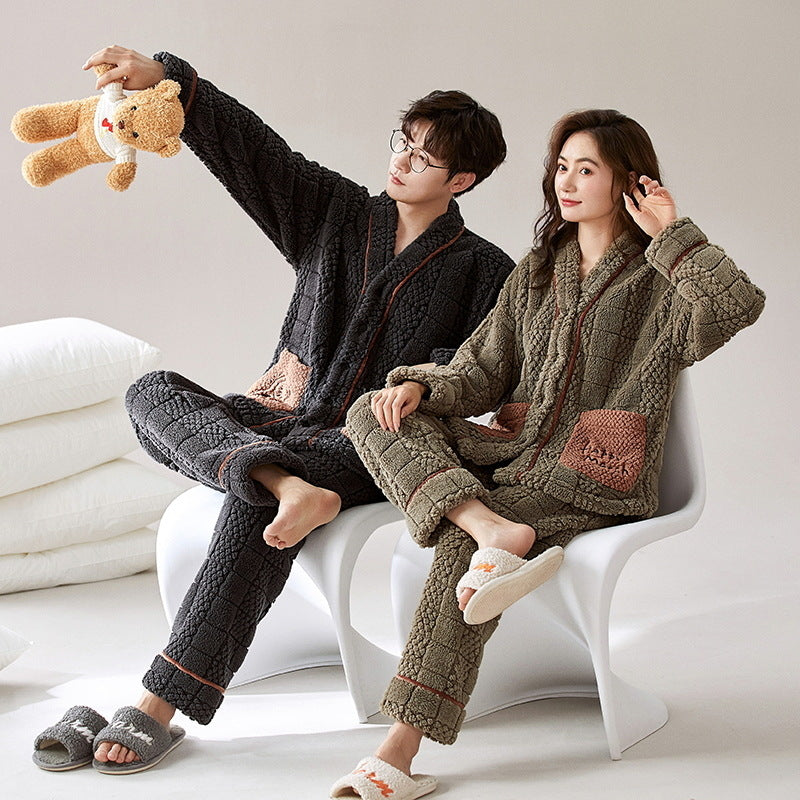 Pair-house suit made of coral fleece, V-neck, long sleeve
