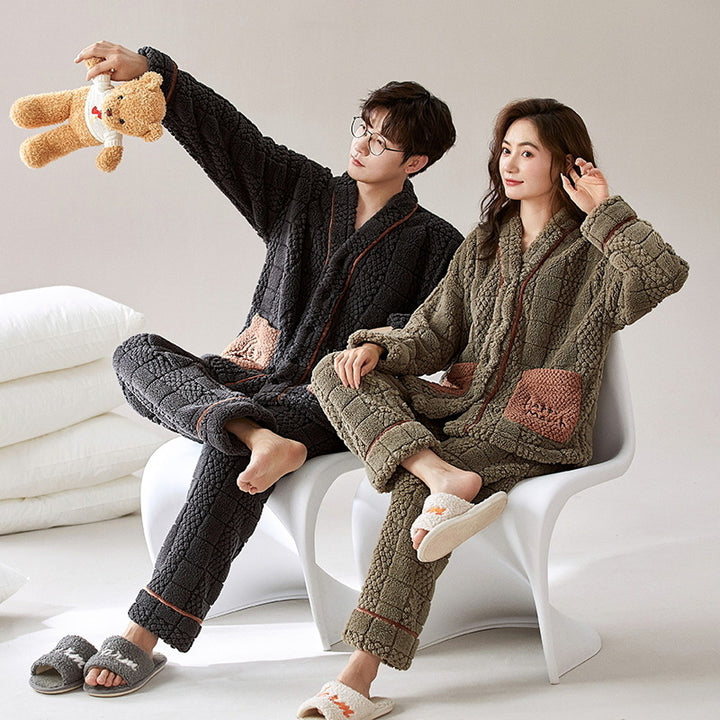 Pair-house suit made of coral fleece, V-neck, long sleeve
