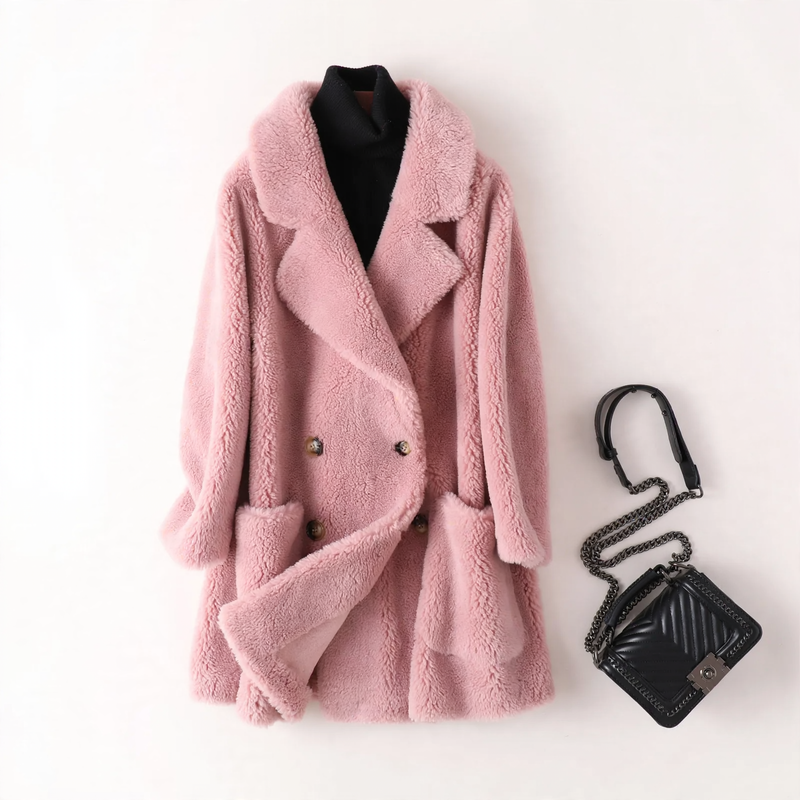 Women's coat made of lambskin imitation, medium length
