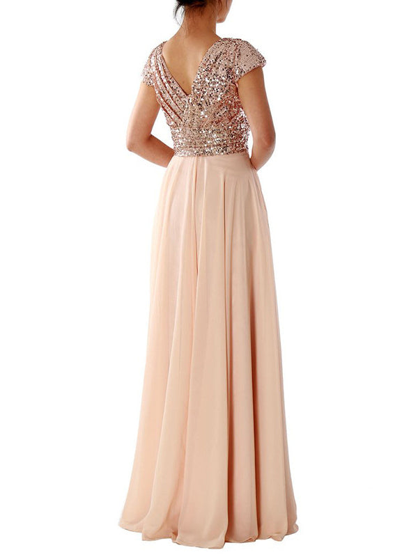 Chic Und Stil | Women Dresses V-Neck Sequin Chiffon Panel Maxi Dress
