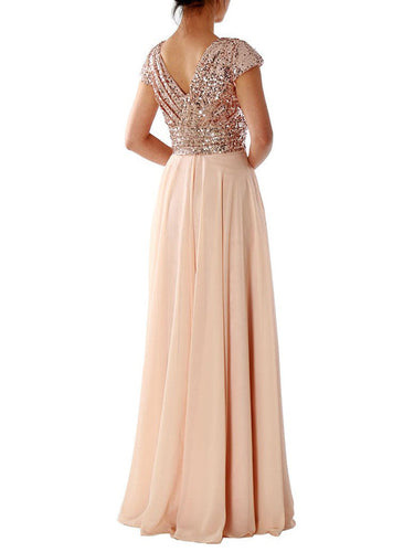 Chic Und Stil | Women Dresses V-Neck Sequin Chiffon Panel Maxi Dress