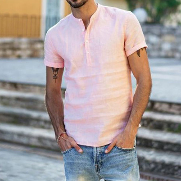 Men's Short Sleeve Cotton Henley Shirt with Modern Mock Neck Lune London