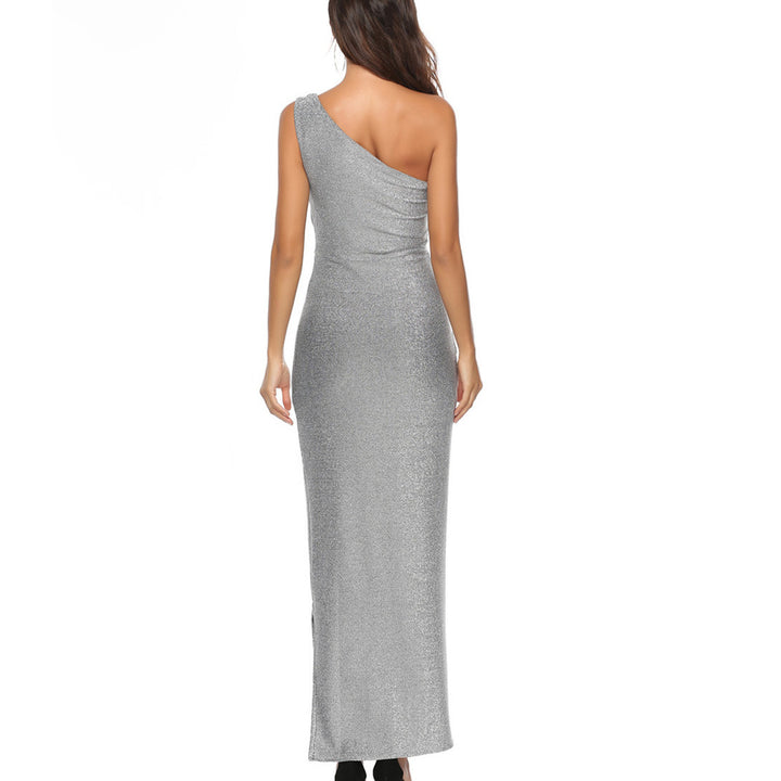 Women's Elegant Maxi Dress with Asymmetrical Cut and Shimmering Fabric Lune London