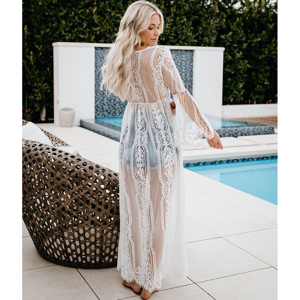 Women’s Long Lace Kimono with Wide Sleeves and Ties Lune London