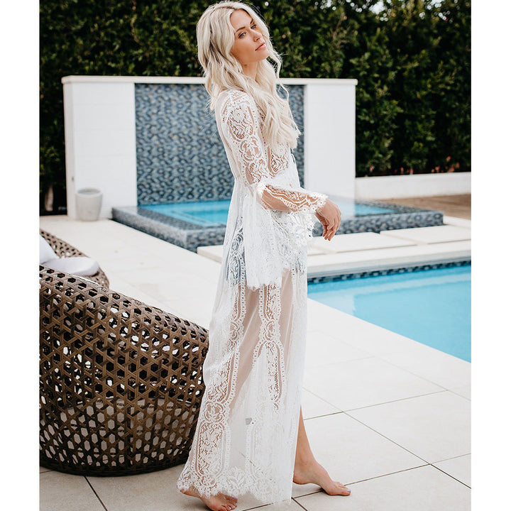 Women’s Long Lace Kimono with Wide Sleeves and Ties Lune London