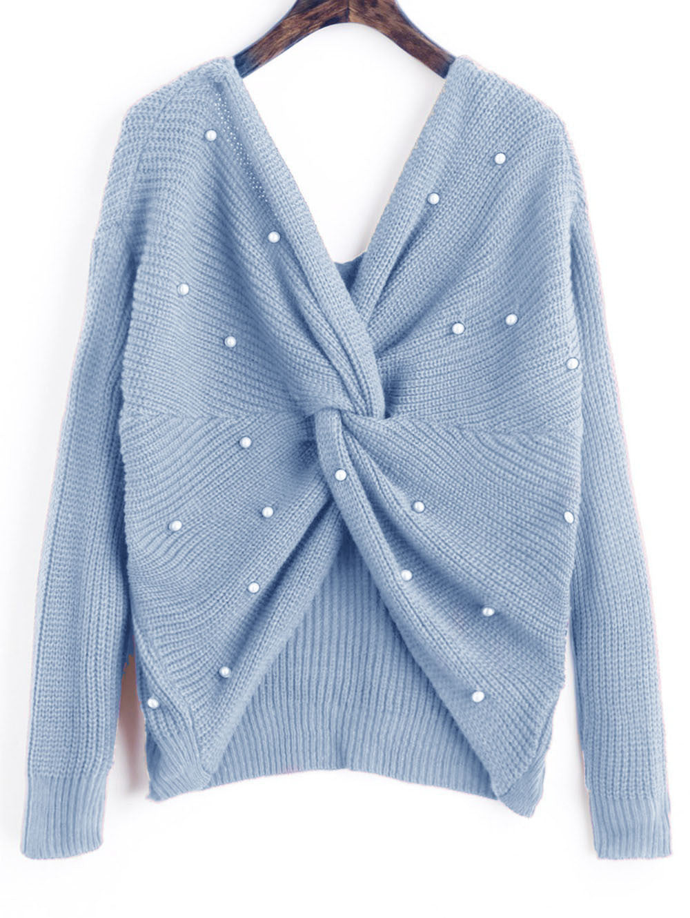 Knitted sweater for women with an asymmetrical design at the back and pearl embellished elements Lune London