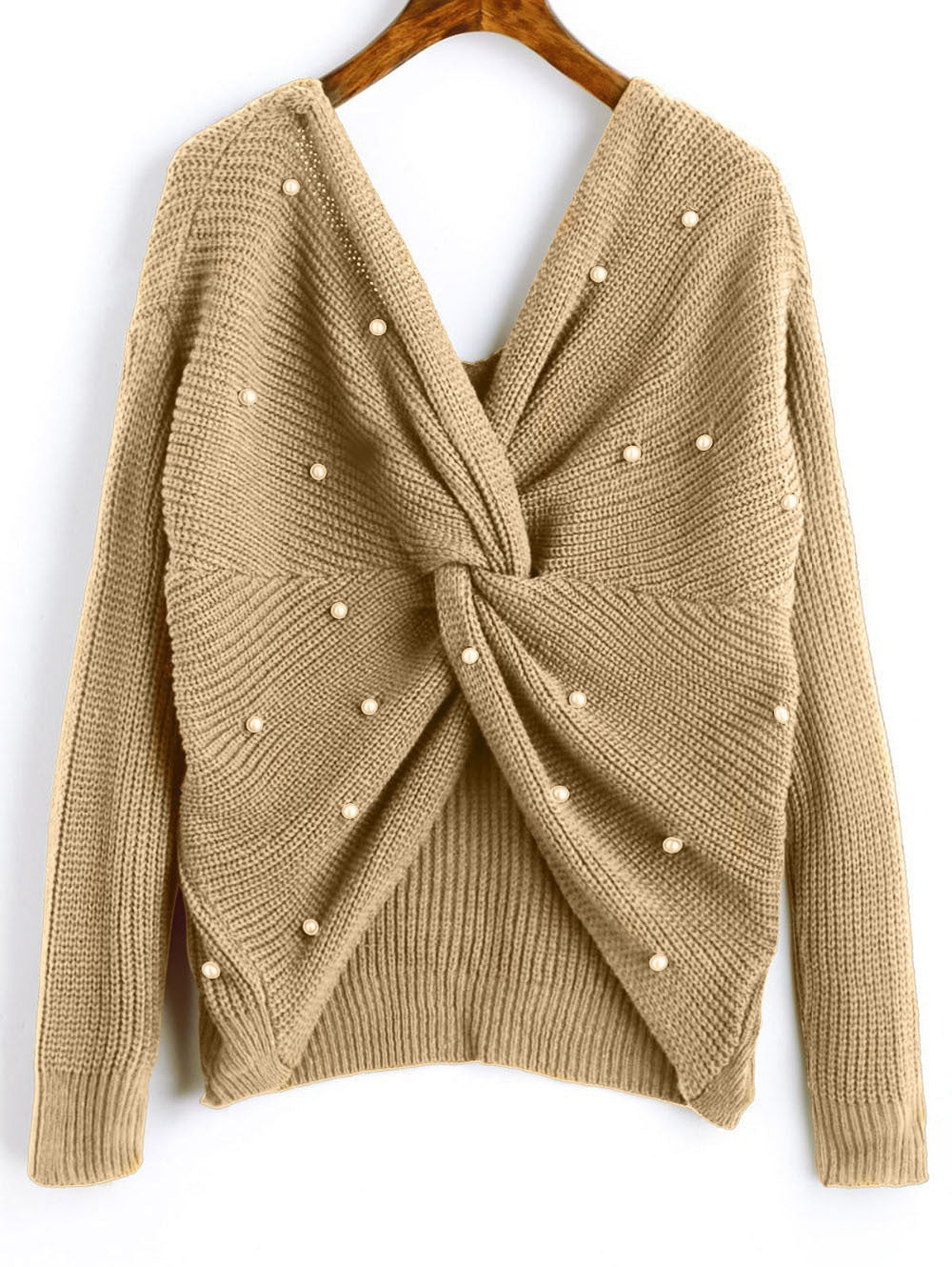 Knitted sweater for women with an asymmetrical design at the back and pearl embellished elements Lune London