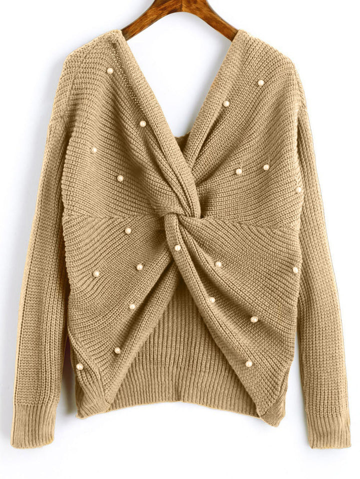 Knitted sweater for women with an asymmetrical design at the back and pearl embellished elements Lune London