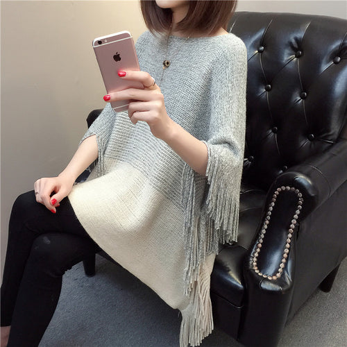 Ladies knitted poncho with fringes and trendy color gradient Amarae