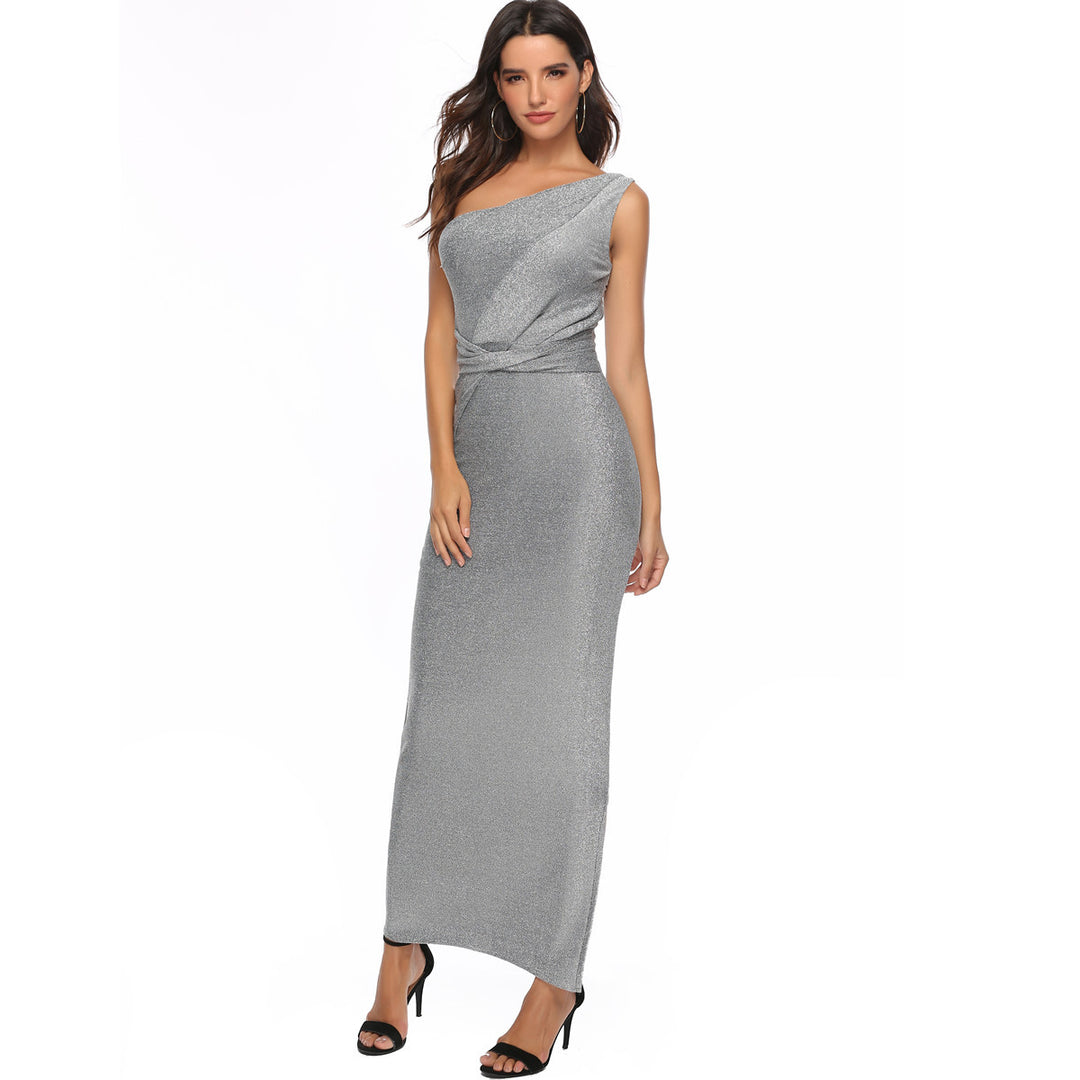 Women's Elegant Maxi Dress with Asymmetrical Cut and Shimmering Fabric Lune London
