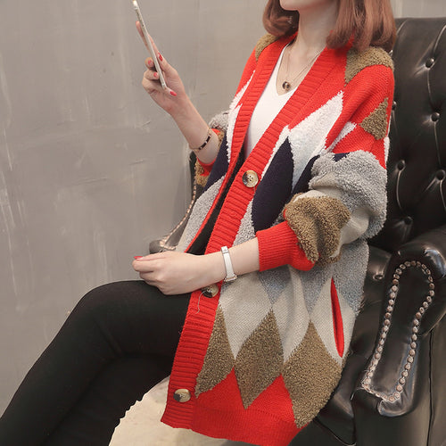 Women's cardigan with geometric pattern and large buttons Amarae