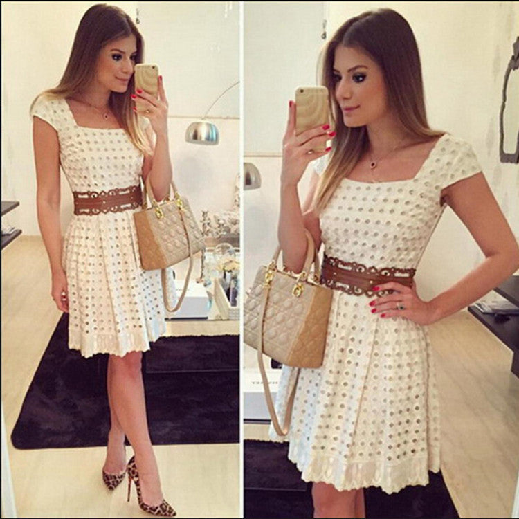 Women's summer dress with unique textured design and wide waist belt