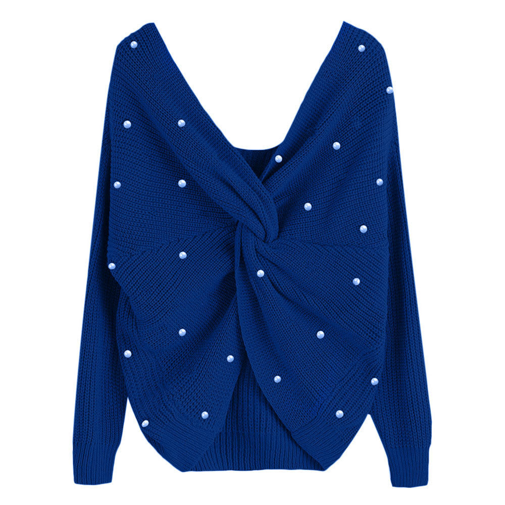 Knitted sweater for women with an asymmetrical design at the back and pearl embellished elements Lune London