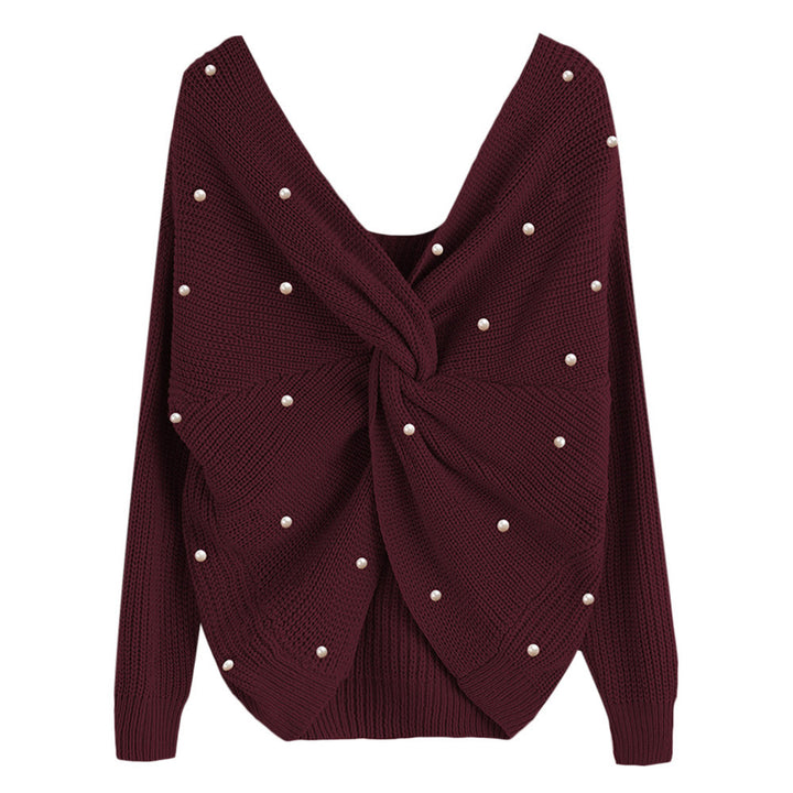 Knitted sweater for women with an asymmetrical design at the back and pearl embellished elements Lune London