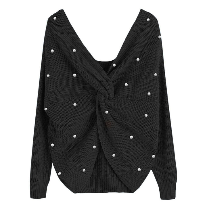 Knitted sweater for women with an asymmetrical design at the back and pearl embellished elements Lune London