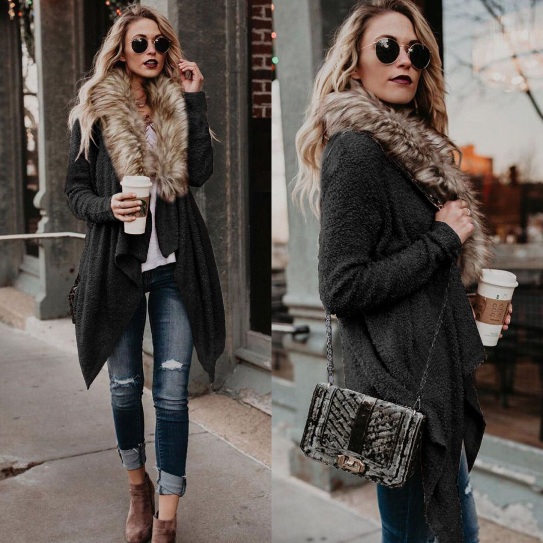Ladies Comfortable Knitted Sweater with Luxurious Fur Collar and Asymmetrical Cut Chic and Style