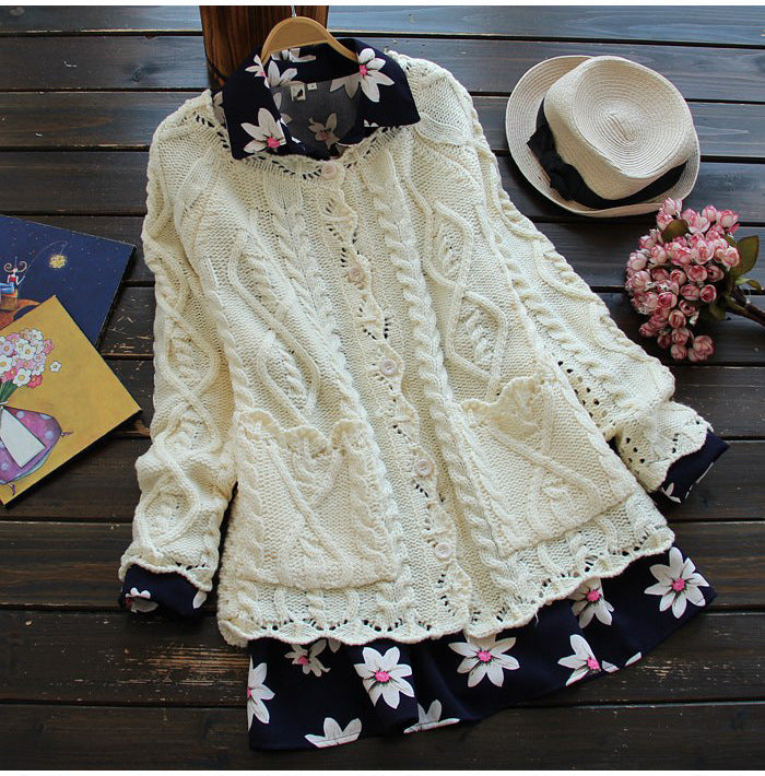 Women's knitted jacket with artistic cable details and romantic ruffle elements Lune London