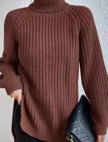 Women's knitted pullover, mid-length with high collar