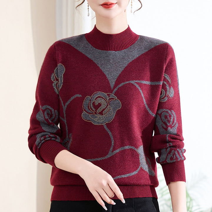 Women's knit sweater with stand-up collar and floral pattern