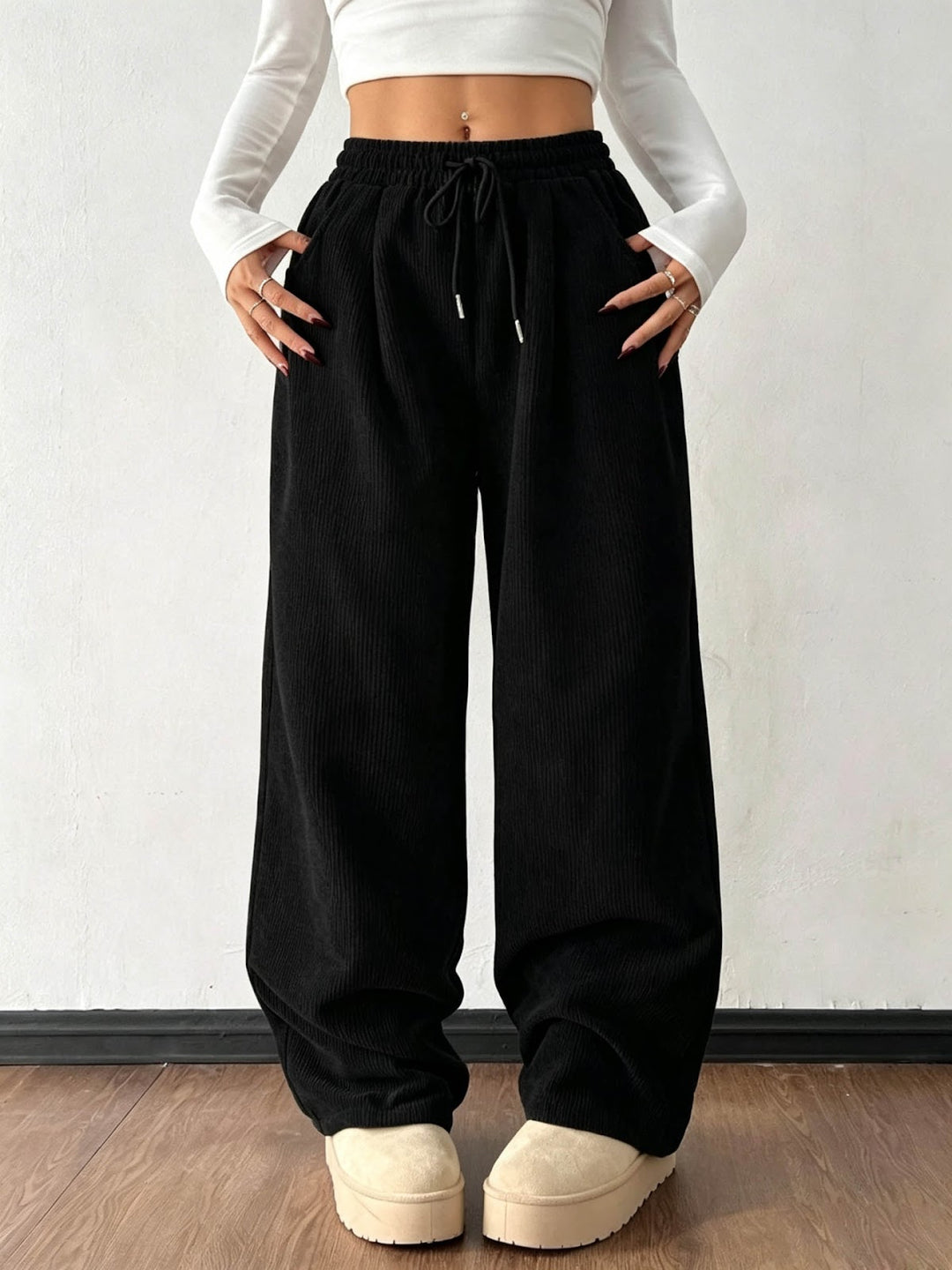 Cord pants with drawstring and wide leg