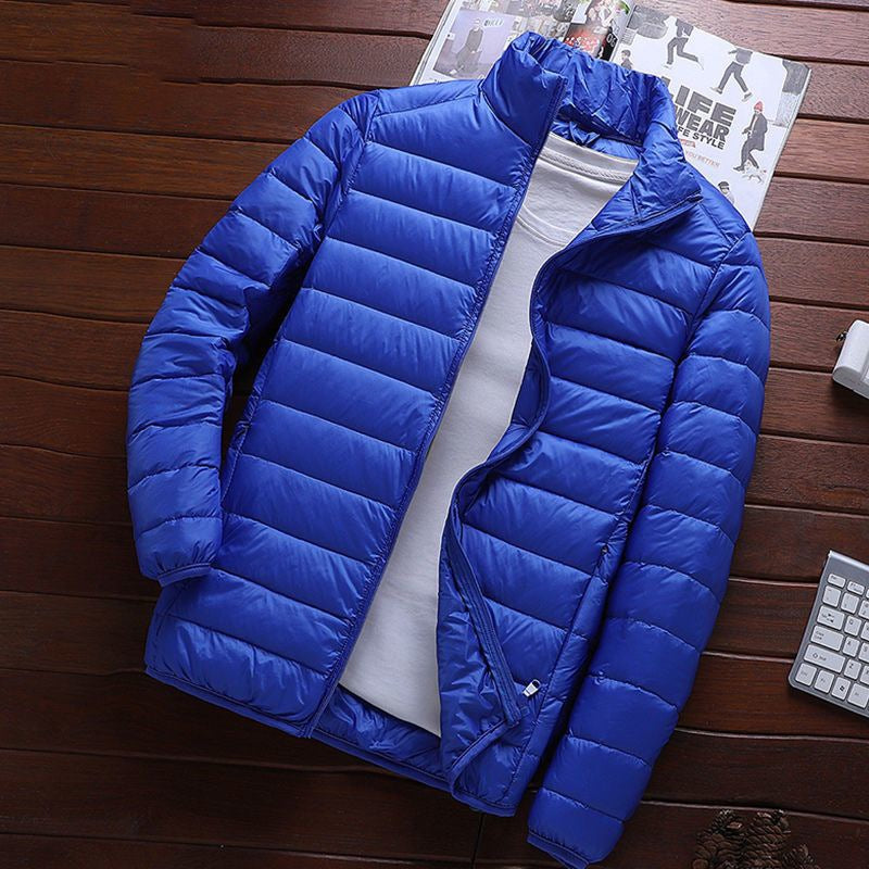 Light men's quilted jacket with stand-up collar