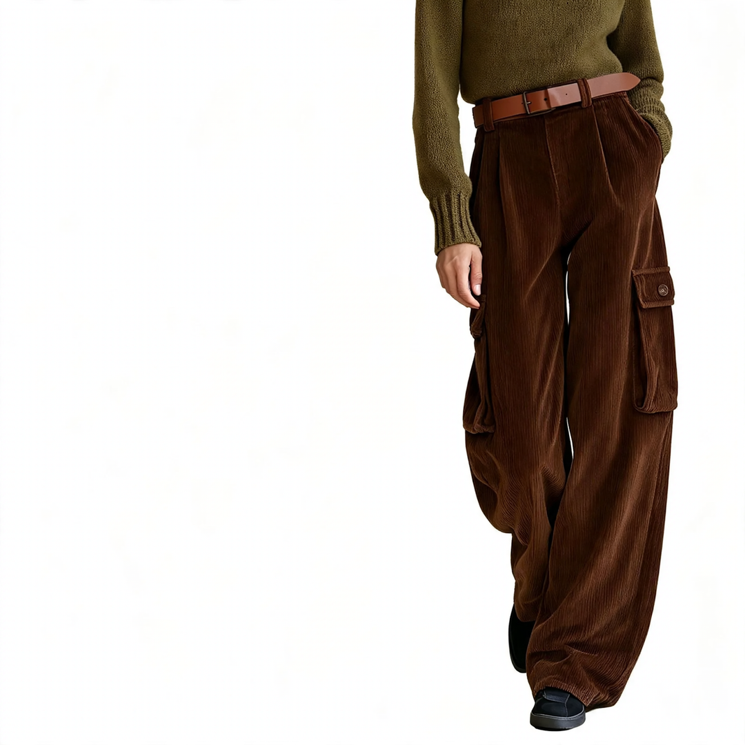 Versatile corduroy cargo pants with high waistband
