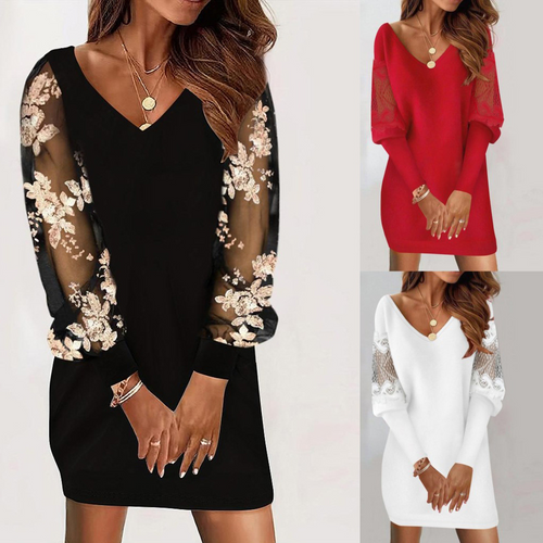 Amarae | Black Flower Dress with Mesh Sleeves