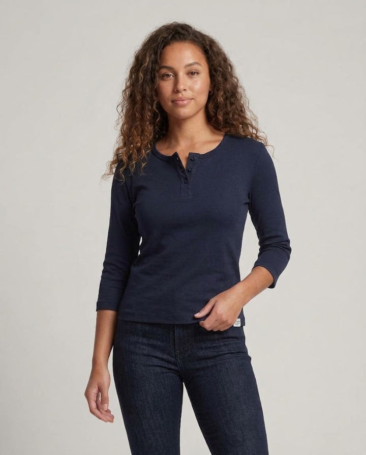 Women's Ribbed Henley Cropped Shirt with Three-Quarter Sleeves Amarae