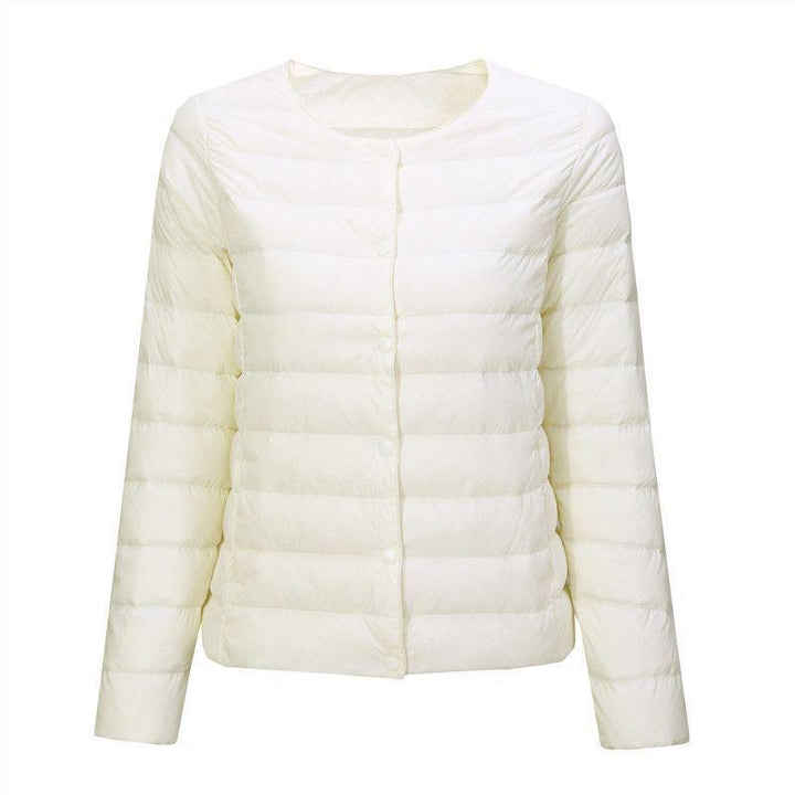 Light women's down jacket, collarless, short
