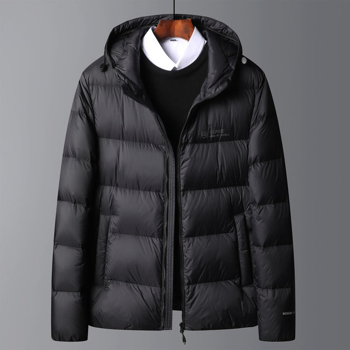 Warm men's down jacket with hood