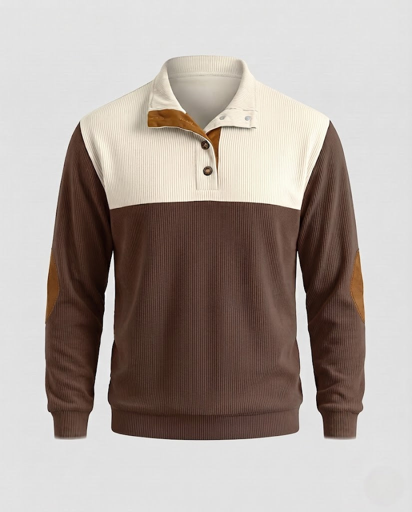 Men's ribbed Henley sweater with contrasting shoulder area and elbow patches Amarae