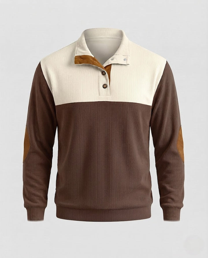 Men's ribbed Henley sweater with contrasting shoulder area and elbow patches Amarae